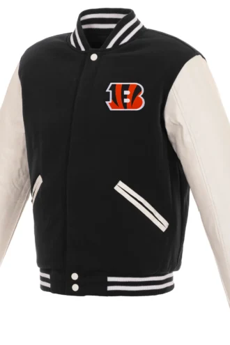 Cincinnati Bengals Reversible Fleece Jacket with Faux Leather Sleeves - Black/White