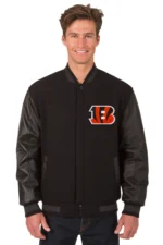 Cincinnati Bengals Wool & Leather Reversible Jacket w/ Embroidered Logos - Black