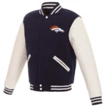 Denver Broncos Reversible Fleece Jacket with Faux Leather Sleeves - Navy/White