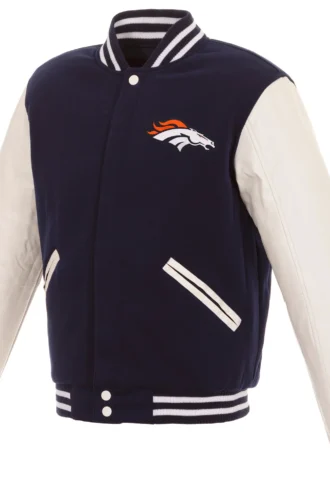 Denver Broncos Reversible Fleece Jacket with Faux Leather Sleeves - Navy/White