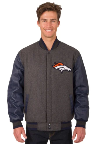 Denver Broncos Wool & Leather Reversible Jacket w/ Embroidered Logos - Charcoal/Navy