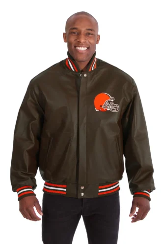 Cleveland Browns Handmade Full Leather Snap Jacket - Brown