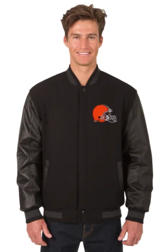Cleveland Browns Wool & Leather Reversible Jacket w/ Embroidered Logos - Black