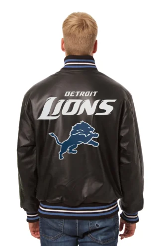 Detroit Lions Handmade Full Leather Snap Jacket - Black