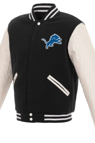 Detroit Lions Reversible Fleece Jacket with Faux Leather Sleeves - Black/White