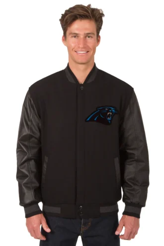 Carolina Panthers Wool & Leather Reversible Jacket w/ Embroidered Logos - Black