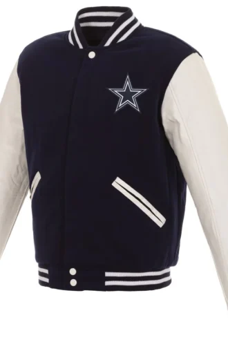 Dallas Cowboys Reversible Fleece Jacket with Faux Leather Sleeves - Navy/White