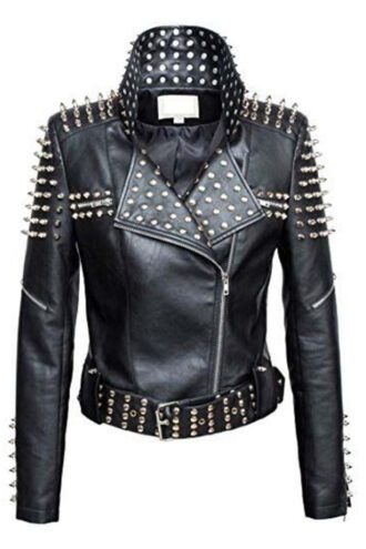 Women Slim Fit Studded Brando Leather Jacket