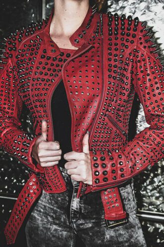 Red Studded Spiked Leather Jacket