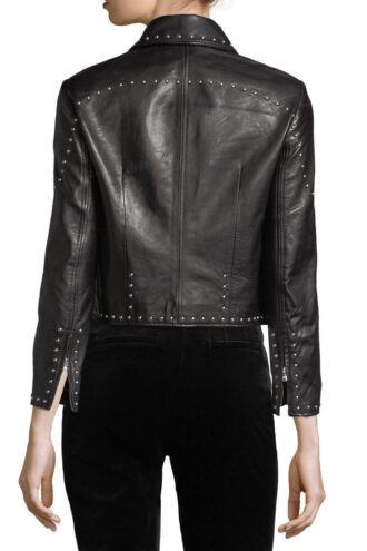 Stylish Studded Cropped Front Zip Women's Genuine Lambskin Leather Biker Jacket