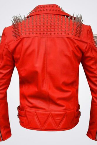 Biker Red Leather Fashion Jacket with Studs