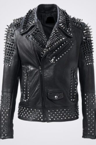 Black And Silver Studded Motorcycle Jacket For Men