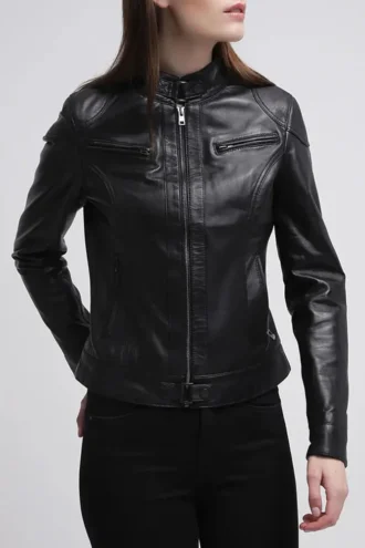 Callie Black Leather Cafe Racer Jacket