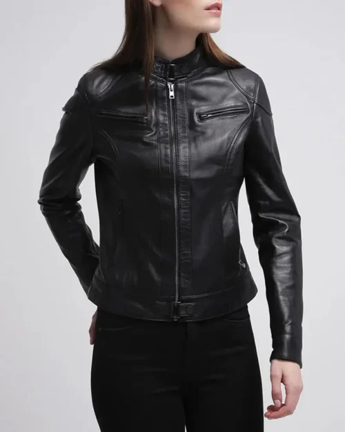 Callie Black Leather Cafe Racer Jacket