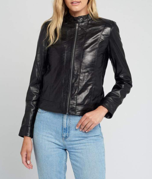 Womens Jami Classic Black Cafe Racer Leather Jacket