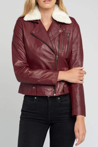 Womens Shearling Fur Collared Maroon Biker Leather Jacket