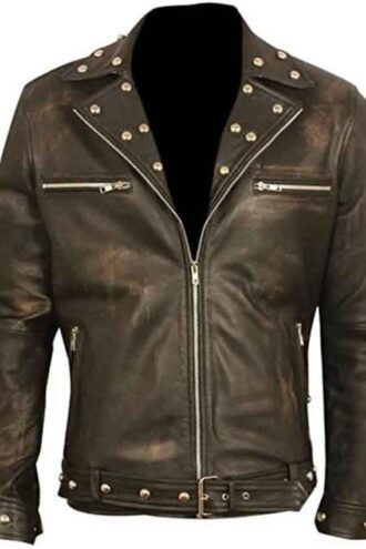 Mens Distressed Brown Embroidery Snakes Studded Leather Jacket