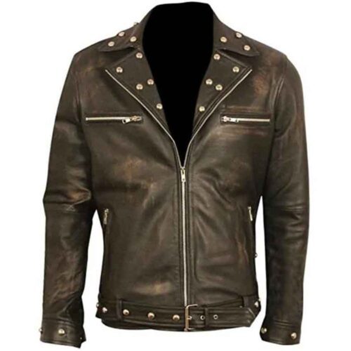 Mens Distressed Brown Embroidery Snakes Studded Leather Jacket