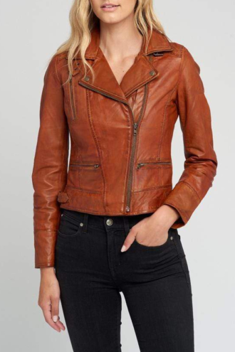 Monica Ladies Tanned Asymmetrical Moto Leather Jacket