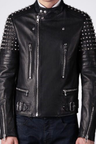 Men Black Leather Fashion Studded Jacket