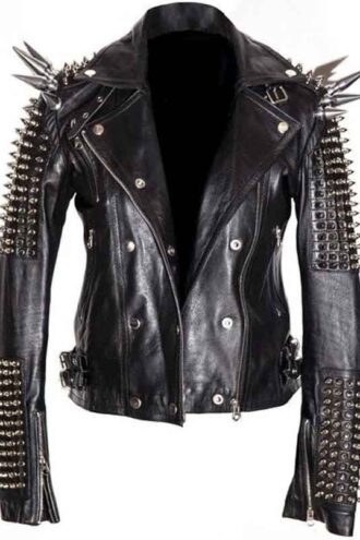 Men Silver Studded Long Spiked Leather Jacket