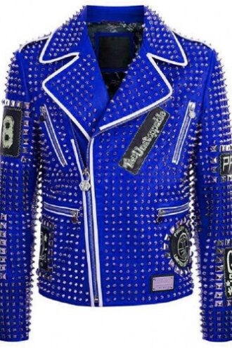Mens Multi Patches Spiked Leather Jacket in Blue