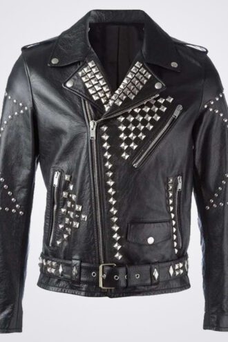 Men's Black Biker Leather Jacket with Studs
