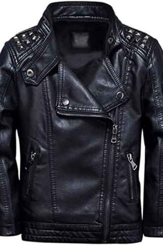 Mens Black Leather Motorcycle Jacket with Shoulder Studded
