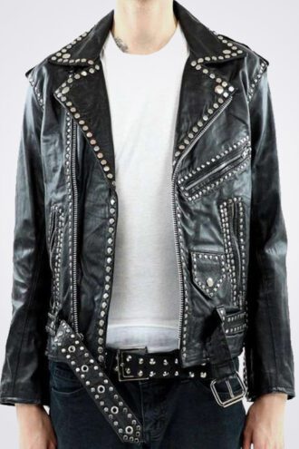 Men's Black Leather Party Jacket with Studs