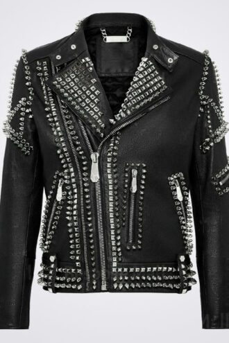 Mens Black Multi Full Silver Studded Punk Brando Cowhide Leather Jacket