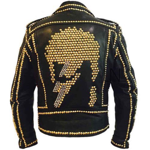 Mens Black Punk Gold Long Spiked Studded Leather Jacket