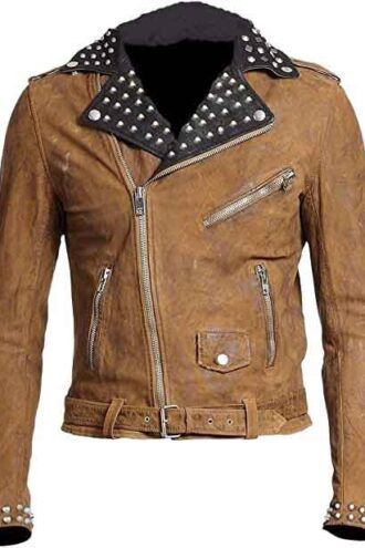 Mens Brown Suede Leather Studded Biker Jacket