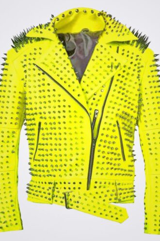Men's Leather Jacket adorned with Silver Brando Spikes and Yellow Accents. This jacket is not just a piece of clothing, it’s a statement of style and confidence.