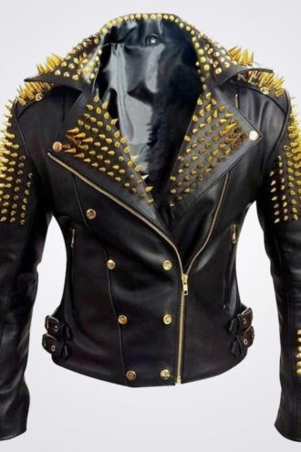 Men's Motorcycle Leather Jacket with Golden Studs and Heavy Metal Spikes