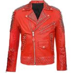 Mens Red Punk Style Motorcycle Leather Jacket with Spikes