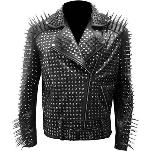 Mens Black Punk Style Motorcycle Studded Leather Jacket