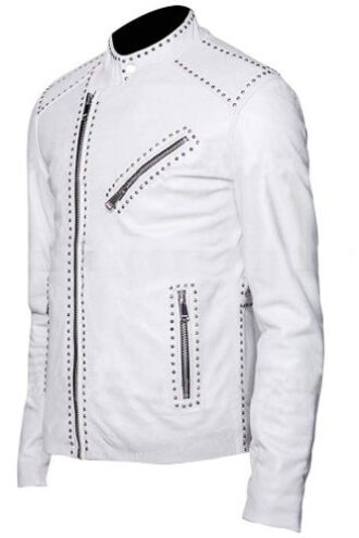 Mens White Classic Brando Studded Leather Jacket