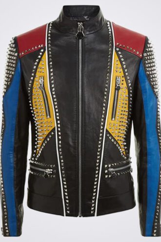 Mens Philipp Full Studded Multicolor Leather Jacket