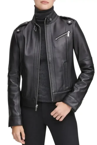 Moto Black Stand Collar Biker Leather Jacket