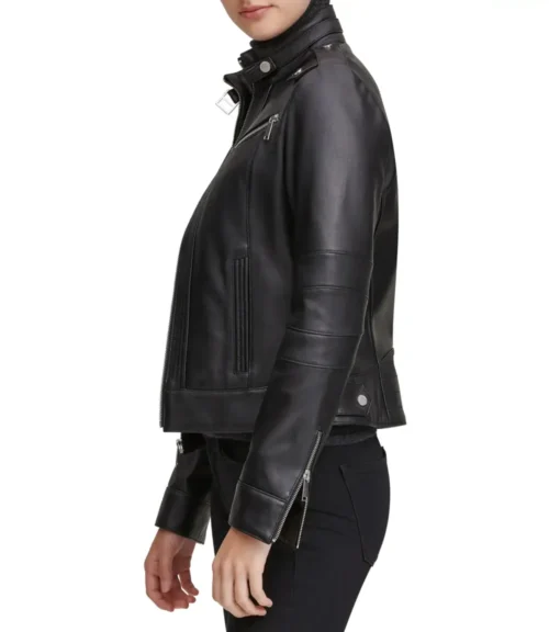 Moto Black Stand Collar Biker Leather Jacket