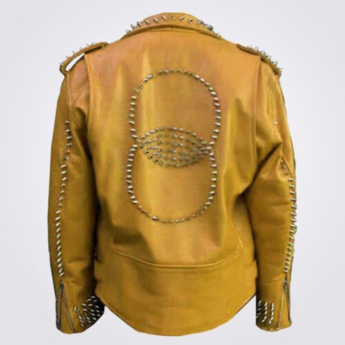 New Men Orange Silver Spikes Biker Leather Jacket