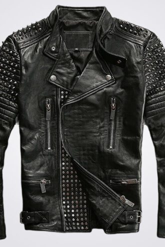 New Mens Black Silver Studded buttoned Punk Cowhide Biker Leather Jacket