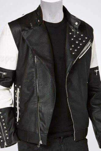 New Men's Two Tone Black White Genuine Leather Silver Studded Biker Jacket