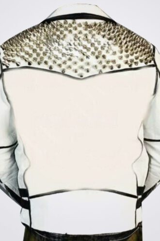 Men's White Black Silver Studded Brando Cowhide Biker Leather Jacket