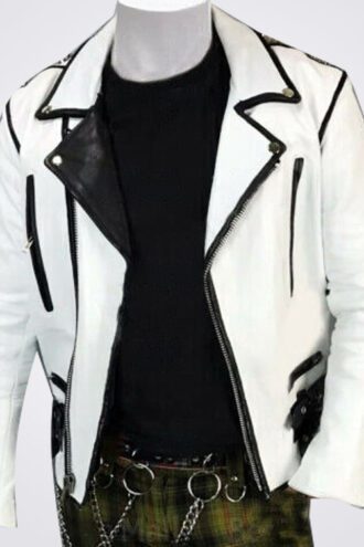 Men's White Black Silver Studded Brando Cowhide Biker Leather Jacket