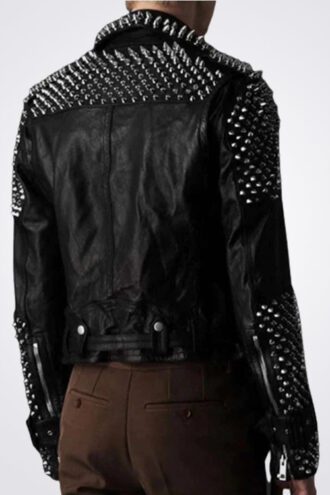 Punk Men's Genuine Leather Jacket with Silver Spikes