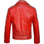 Mens Red Punk Style Motorcycle Leather Jacket with Spikes