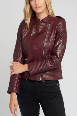 Women’s Dark Maroon Asymmetric Cafe Racer Leather Jacket
