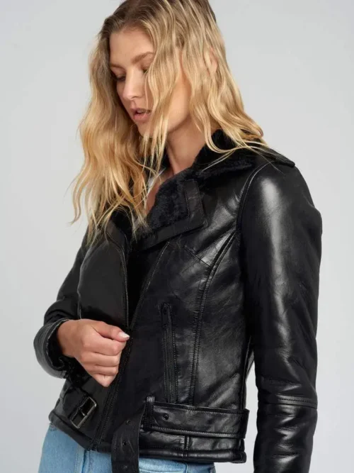 Ave Black Fur Biker Leather Jacket