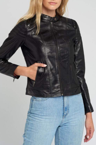 Hayley Black Quilted Cafe Racer Leather Jacket